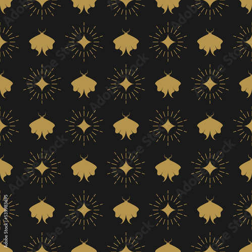 Seamless pattern with golden shining sparkles and mysterious moth on black background. Vector halloween illustration. Magic fireworks. Stardust or wizard spell background. Fairytale wrapping