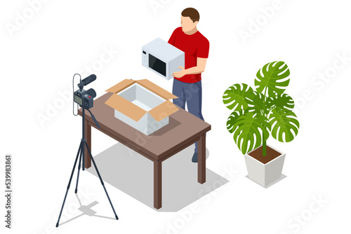 Isometric Female Vlogger Recording Broadcast At Home. Video Blogger Buying a Kitchen Appliance, Microwave Oven