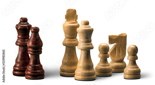 Wooden chess pieces on white background