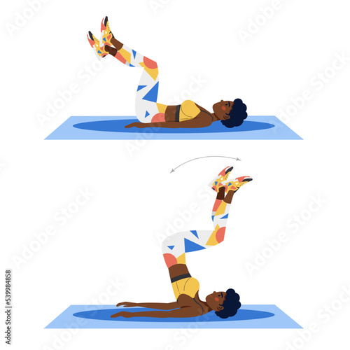 Reverse crunch, young female athlete doing fitness exercise, fitness at home.