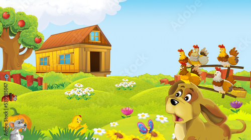 cartoon scene with farm animal on ranch farm having fun illustration