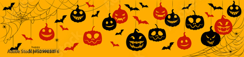 Halloween pumpkins hanging from a web on a yellow background, vector horizontal illustration. Congratulatory banner with scary black and red pumpkins, cobwebs and bats. Happy Halloween