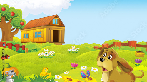 cartoon scene with farm animal on ranch farm having fun illustration