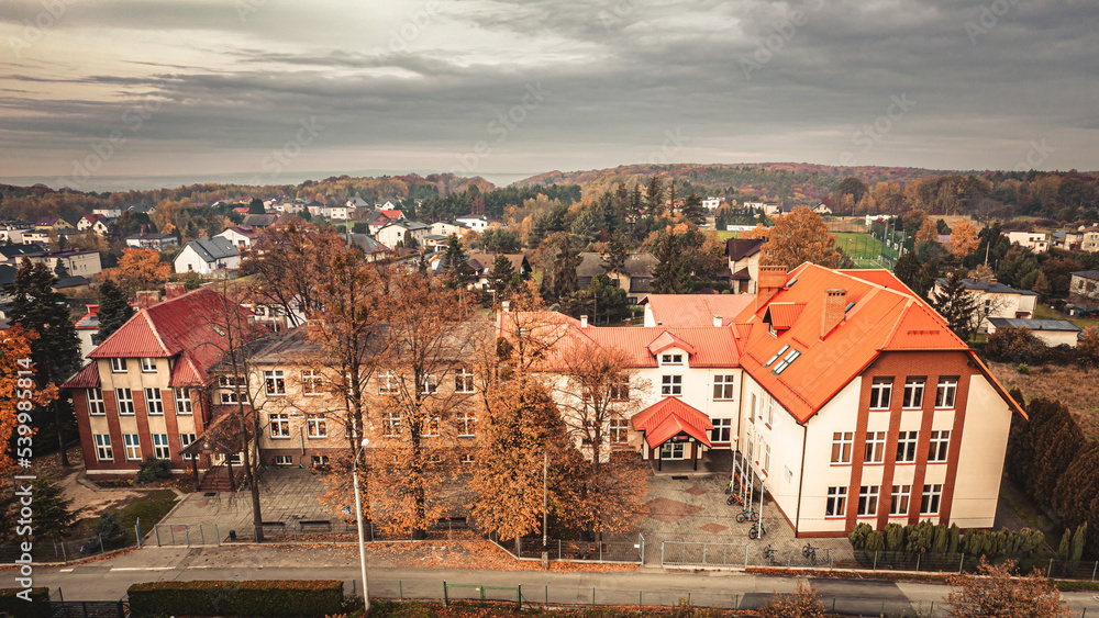 nowoczesna wieś Czyżowice w Gminie Gorzyce na Śląsku w Polsce, panorama jesienią z lotu ptaka
