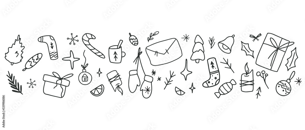 Hand drawn winter element greeting ornament for Merry Christmas and Happy New Year horizontal web banner