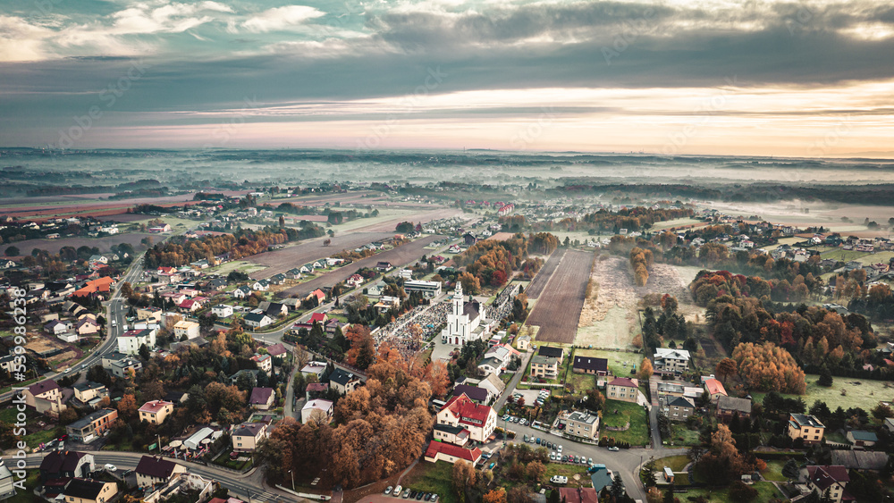 Gorzyce, nowoczesna wieś na Śląsku w Polsce panorama jesienią z lotu ptaka