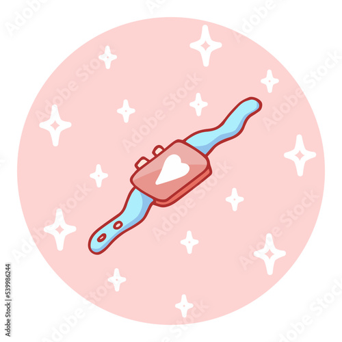 Cute hand-drawn fitness tracker or smartwatch in doodle cartoon style. Round composition in neutral candy colors. Kawaii element for card, social media banner, sticker decor. Vector illustration