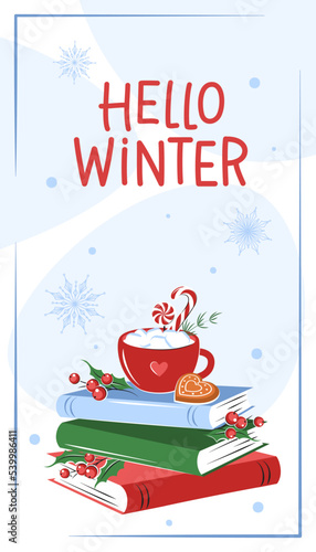Hello winter. Сard with books and with christmas decor. Vector illustration for a New Year and Christmas background