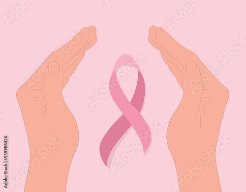 Breast cancer awareness month poster. A hand holds a pink ribbon. Flat vector illustration