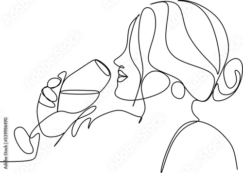 Girl drinks wine or champagne from a glass. Linear silhouette of a woman with a glass goblet. Drawing in one continuous line. Linear glamour logo in minimal for wine label.