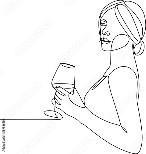 Girl drinks wine or champagne from a glass. Linear silhouette of a woman with a glass goblet. Drawing in one continuous line. Linear glamour logo in minimal for wine label.