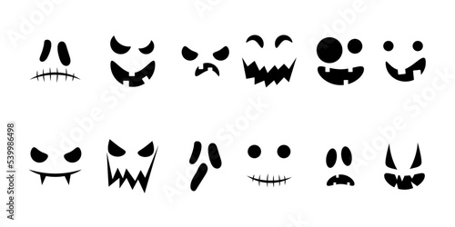 Collection of  Spooky Halloween pumpkin face smile icon design isolated on white background. Flat black silhouette scary ghost face expressions mask element for the holiday decoration.