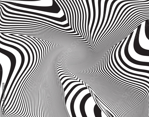 Line art optical art. Psychedelic background. Monochrome background. Optical illusion style. Black dark background. . Graphic ornament. Vector template
