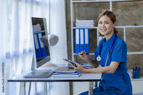 concept of medical care Asian female doctor Medical personnel, assistants, hospital patients Healthcare practitioners using digital tablets, innovation, technology, research