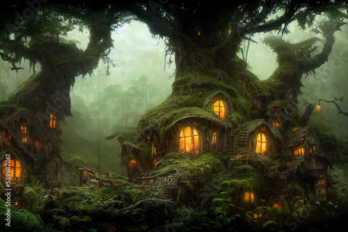 Spooky foggy background with tree house. Digital illustration. © Illustration
