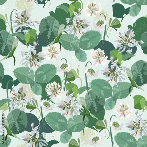Clover flowers and leaves on a delicate background. Seamless vector pattern for fabric  wrapping paper  wallpaper  scrapbooking. Square repeating tile. Floral meadow ornament. White and green color.