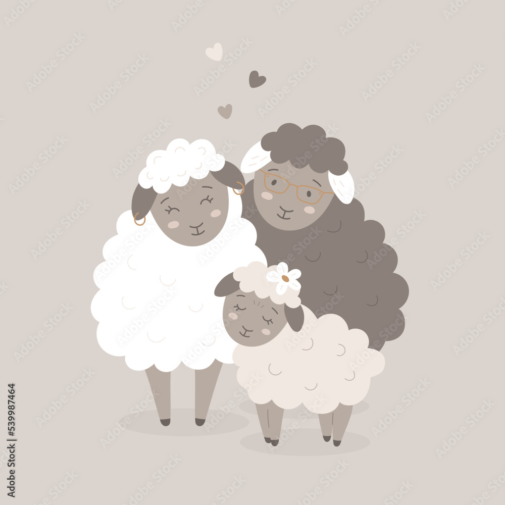 Obraz premium Vector card with cute sheeps parents with happy child. Animals mom, dad and baby sheep characters for family day greeting. Flat farm lambs for animal kids print