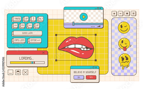 Retro browser computer window in 90s vaporwave style with smile face. Old pc user interface and the keyboard. Desktop PC with message windows and pop-up user interface elements. Vector illustration