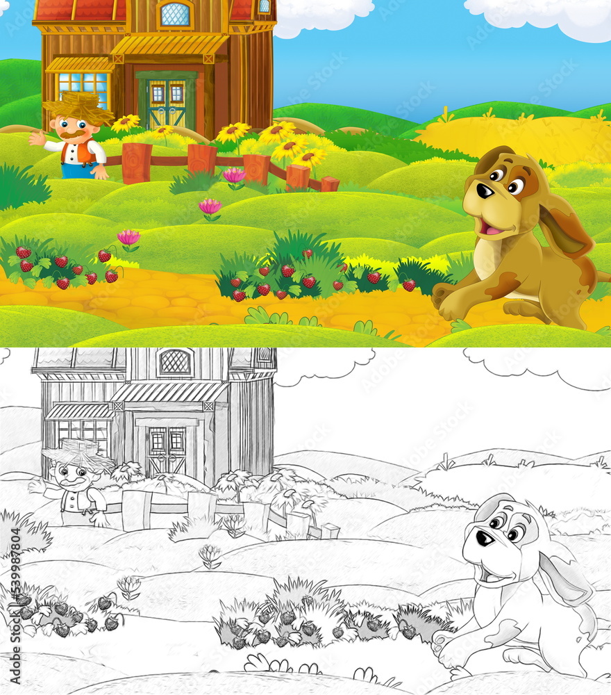 Naklejka premium cartoon scene with sketch farm ranch animal near wooden barn