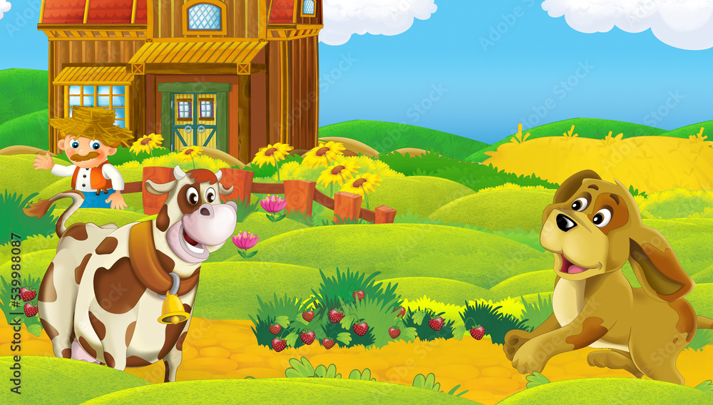 Naklejka premium cartoon scene with farm ranch animal near wooden barn - illustration
