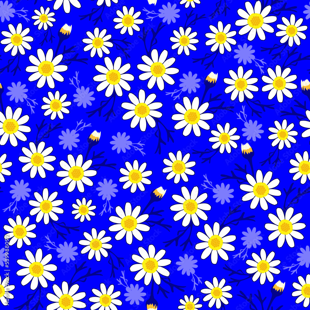 ditsy daisy flower seamless pattern. floral print with blue background. good for summer dress, fashion, wallpaper, fabric, background, backdrop, pajama. ditsy daisy flower seamless pattern. floral print with blue background. good for summer dress, fashion, wallpaper, fabric, background, backdrop, pajama.