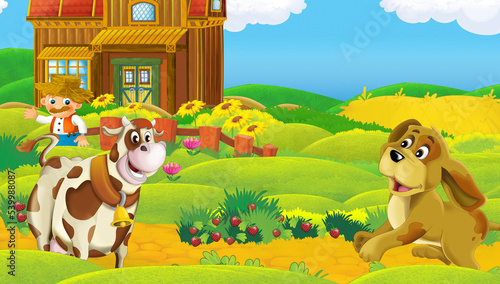 cartoon scene with farm ranch animal near wooden barn - illustration