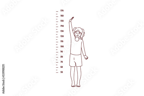 Small girl child show height standing near measuring tape on wall. Little kid growing showing how tall she is. Childhood aging concept. Vector illustration. 