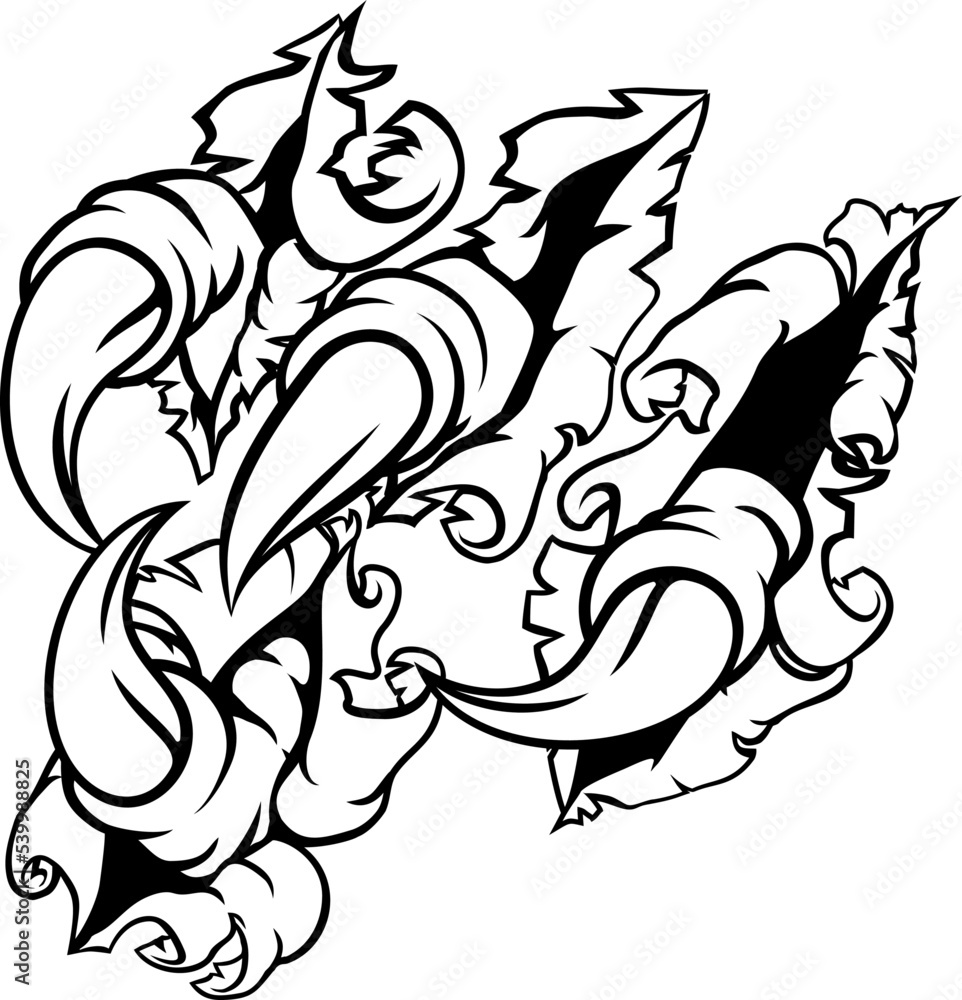 Obraz premium A claw with talons. Could be a monster like a dragon or dinosaur or perhaps bird like an eagle or hawk. Ripping or tearing through the background.