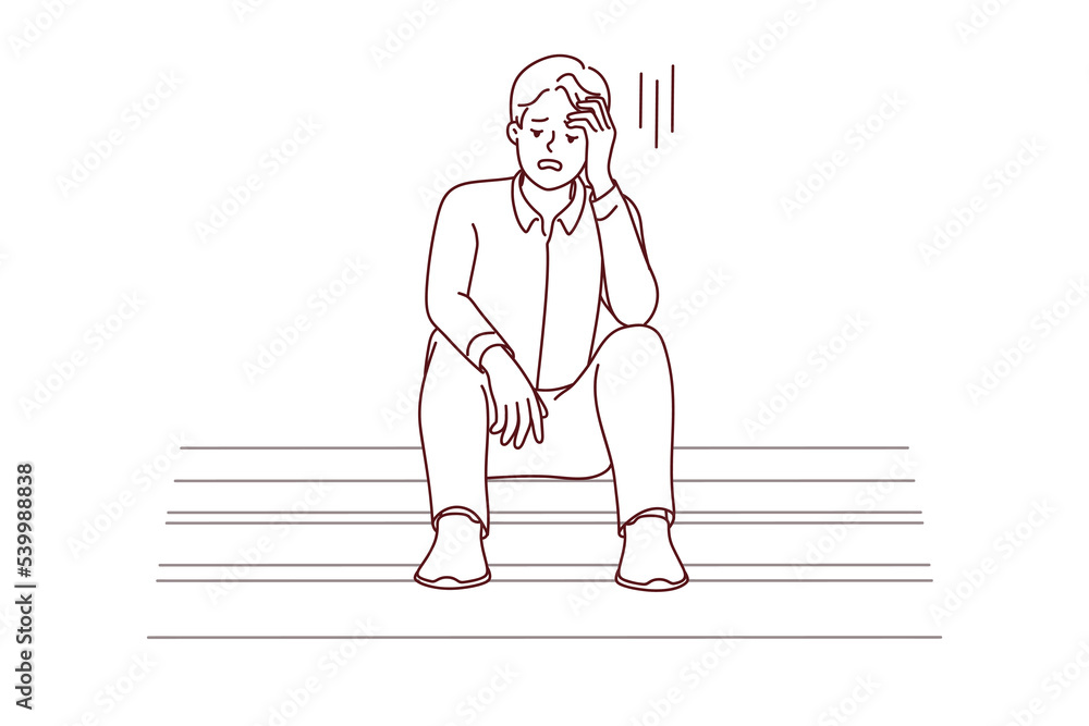 Unhappy young man sit on stairs feel distressed with job loss or failure. Upset male stressed with life or business problems, look for solution. Vector illustration. Unhappy young man sit on stairs feel distressed with job loss or failure. Upset male stressed with life or business problems, look for solution. Vector illustration.