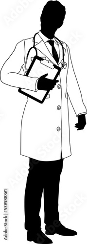 Silhouette doctor man medical healthcare person in a lab coat holding a clipboard.