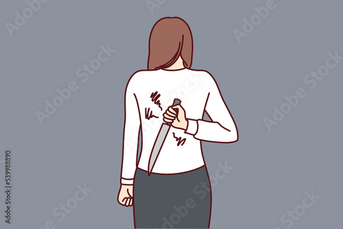 Woman hiding knife behind back ready to betray or attack. Businesswoman with weapon hidden. Risky deal or rivalry. Vector illustration. 