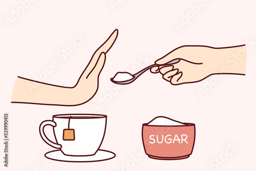Person say no to sugar in tea or coffee. Man or woman make hand gesture refuse from sweet additives follow healthy lifestyle. Vector illustration. 