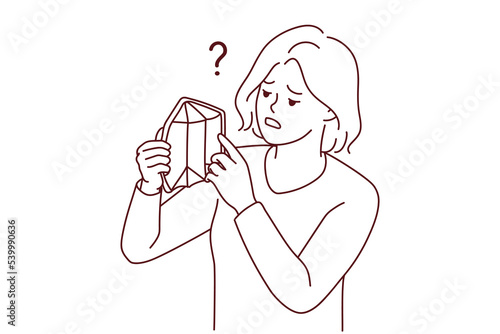 Distressed young woman with empty wallet suffer from bankruptcy. Unhappy poor girl struggle with poverty and money lack. Vector illustration. 