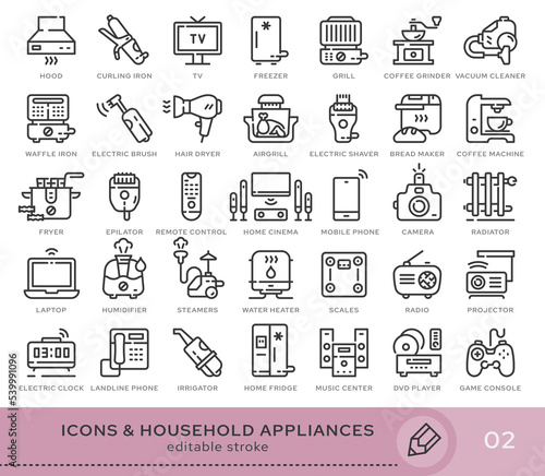 Set of conceptual icons. Vector icons in flat linear style for web sites, applications and other graphic resources. Set from the series - Household Appliances. Editable stroke icon.