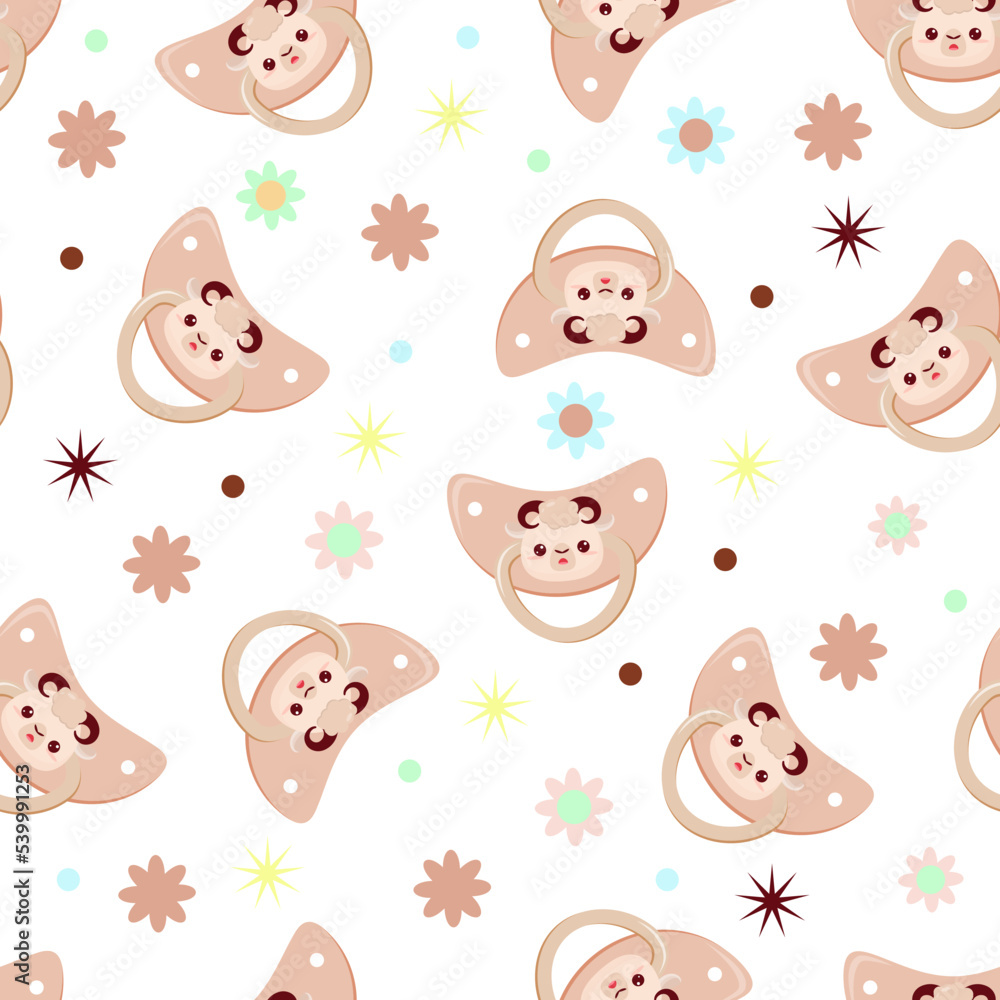 Seamless children's pattern on a white background. A dummy with a lamb. Pacifier for children. Seamless children's pattern on a white background. A dummy with a lamb. Pacifier for children.