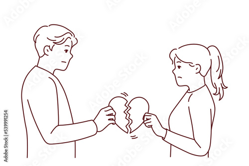 Unhappy couple holding broken heart suffer after breakup or split. Upset man and woman break up relationships. Love end and family divorce. Vector illustration. 