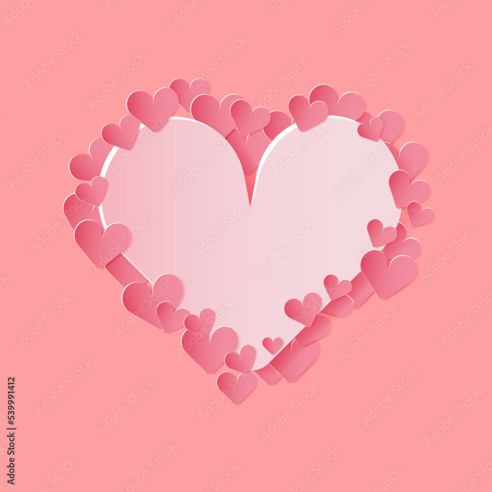 Big pink heart ornate with many little hearts on pink background. Happy Valentine's Day mockup, greeting card, and banner with copy space. Paper cut out vector