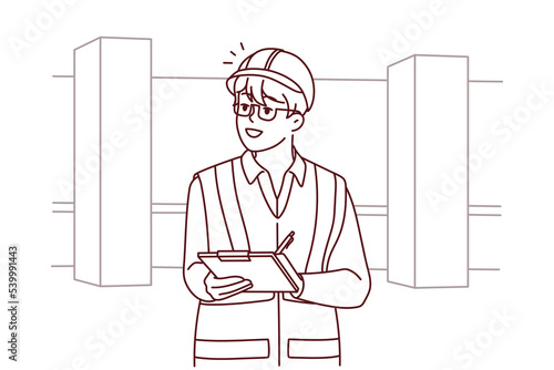 Male engineer in uniform and helmet on construction site. Man professional working at outdoor building workplace. Occupation. Vector illustration. 