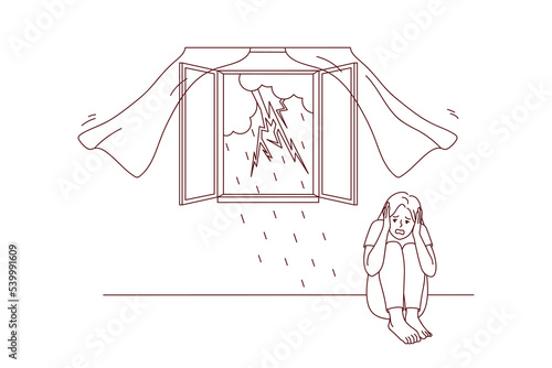Scared girl sitting on floor afraid of storm outdoors. Terrified young woman feel stressed and frightened of lightning and thunderstorm. Vector illustration. 