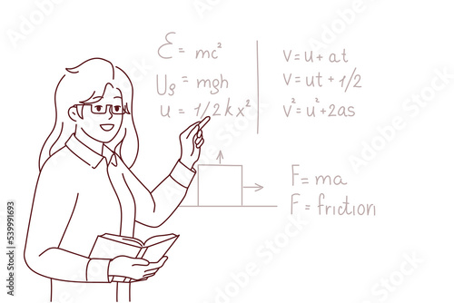 Smiling female teacher standing near black board talking at lesson in school. Happy woman tutor lead math class for pupils. Education. Vector illustration. 