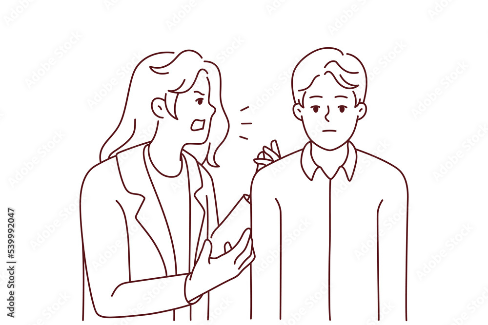 Aggressive annoying woman yelling at tired bored husband. Furious mad wife scream and shout at ignorant man. Relationship problems. Vector illustration. Aggressive annoying woman yelling at tired bored husband. Furious mad wife scream and shout at ignorant man. Relationship problems. Vector illustration.