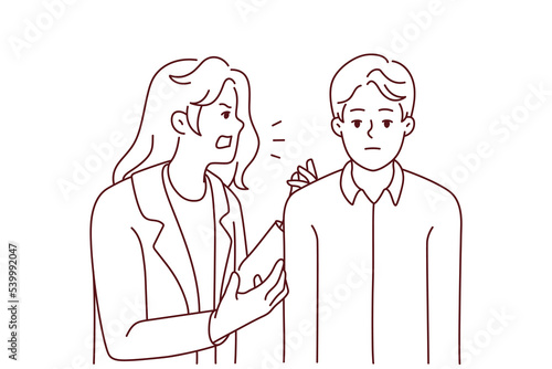 Aggressive annoying woman yelling at tired bored husband. Furious mad wife scream and shout at ignorant man. Relationship problems. Vector illustration. 