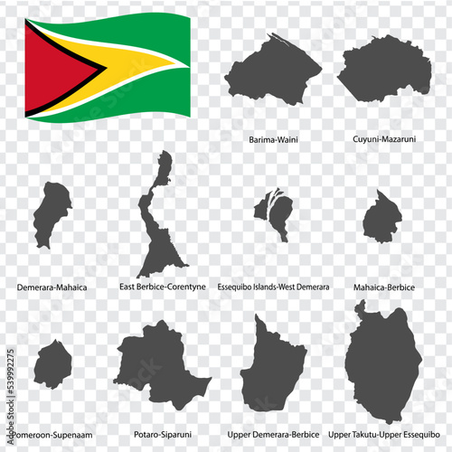 Ten Maps of Guyana - alphabetical order with name. Every single map of Regions are listed and isolated with wordings and titles. Republic of Guyana. EPS 10.