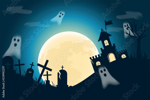 halloween background with castle, ghosts and silhouettes of graves