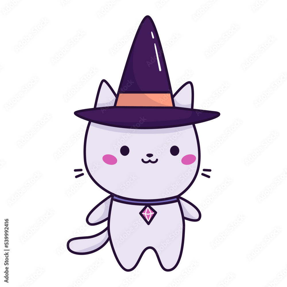 Cute kawaii cat with witch hat on white background. Halloween cartoon animal. Vector illustration. Cute kawaii cat with witch hat on white background. Halloween cartoon animal. Vector illustration.
