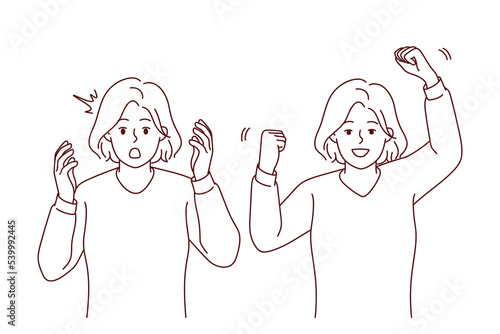 Young woman feeling unhappy and happy showing different emotions. Emotional girl feel stressed and excited. Mood swing. Vector illustration. 