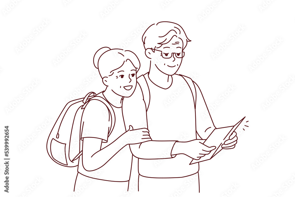 Smiling mature couple with backpacks look at paper map travel together. Happy elderly man and woman travelers look on vacation. Vector illustration. Smiling mature couple with backpacks look at paper map travel together. Happy elderly man and woman travelers look on vacation. Vector illustration.