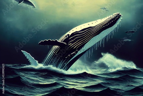 Humpback Whale attacks a hunting whaling ship from deep below, painting photo