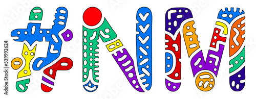 NM Hashtag. Multicolored bright isolate curves doodle letters. Hashtag #NM is abbreviation for the US American state New Mexico for social network, web resources, mobile apps.