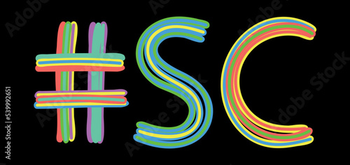 SC Hashtag. Multicolored bright isolate curves doodle letters like from marker, oil paint. #SC is abbreviation for the USA state South Carolina for social network, web resources, mobile apps.